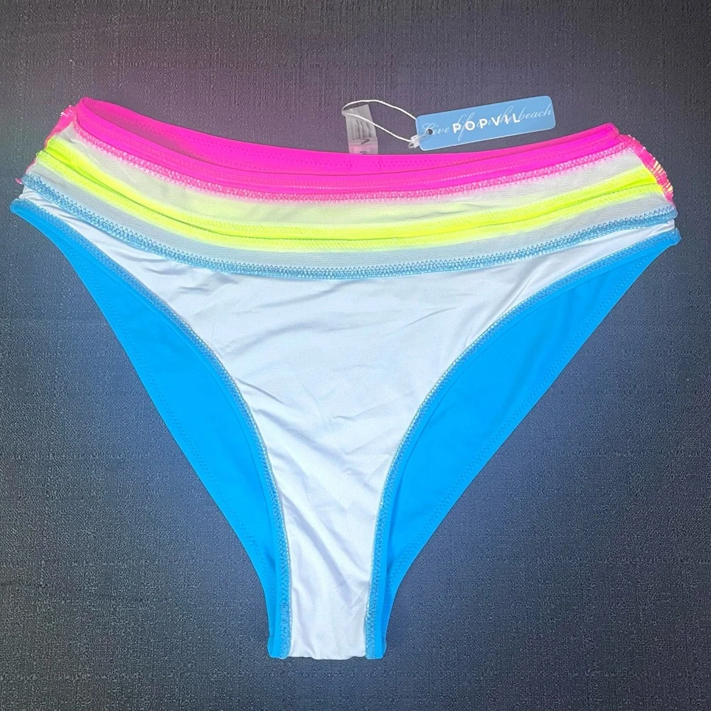 POPVIL Swim Bikini Bottom High Leg Waist Neon Turquoise Pink Yellow Med NEW NWT